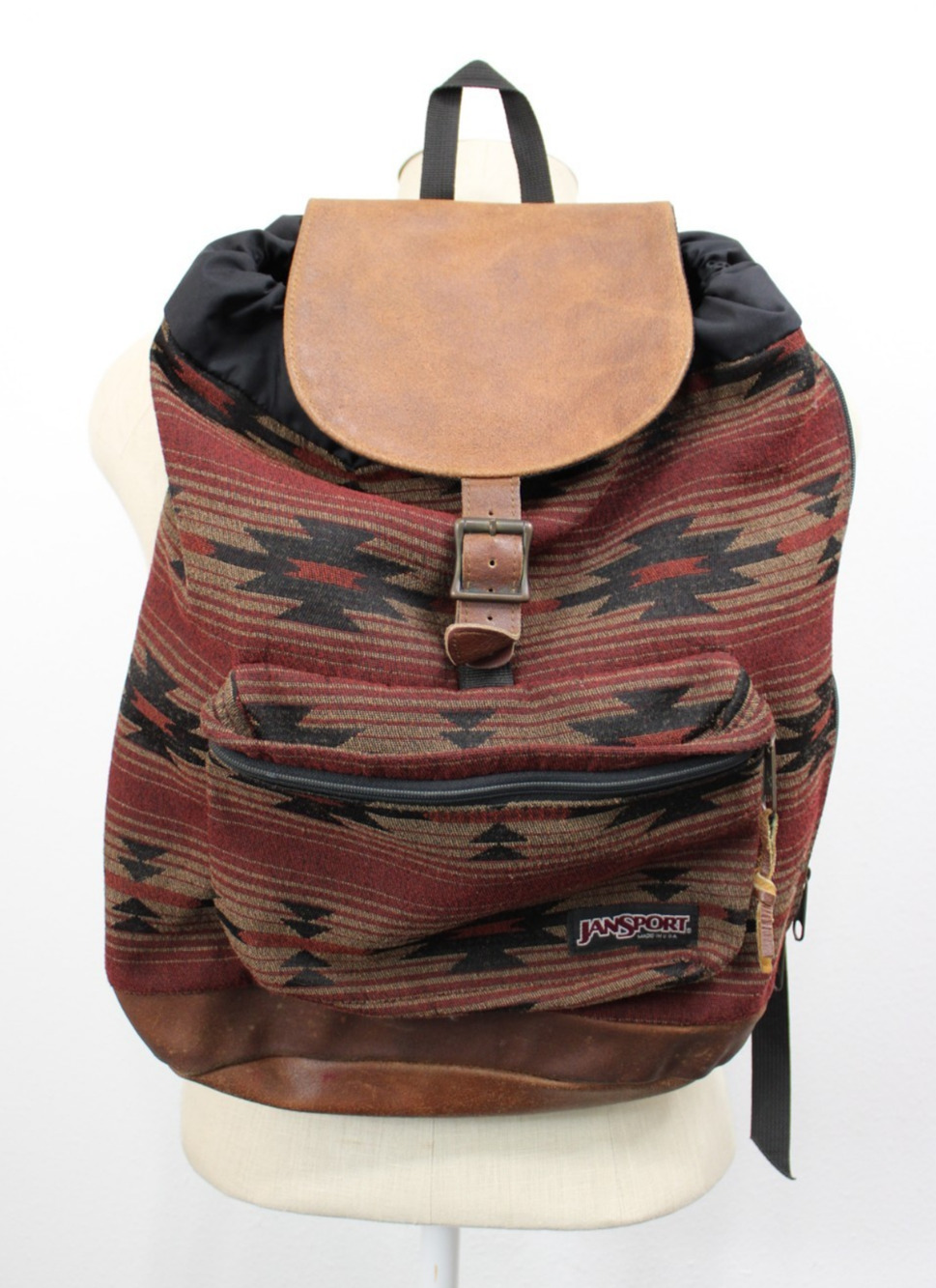 VTG 90's JANSPORT AZTEC SOUTHWEST BACKPACK And TAN LEATHER MADE IN USA BOOK BAG